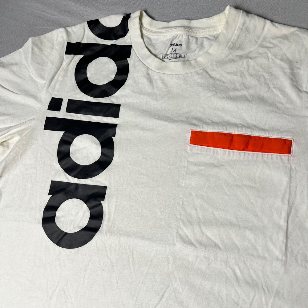 Adidas Mens White Graphic Pocket T-Shirt Orange Stripe Logo Size M